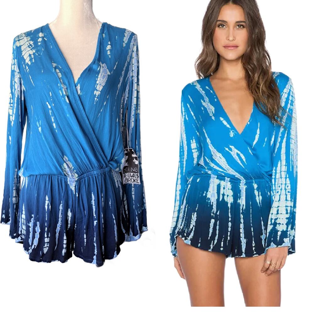 New YOUNG FABULOUS &  BROKE Liz Romper Blue Rain Ombre V-neck Long Sleeve Medium